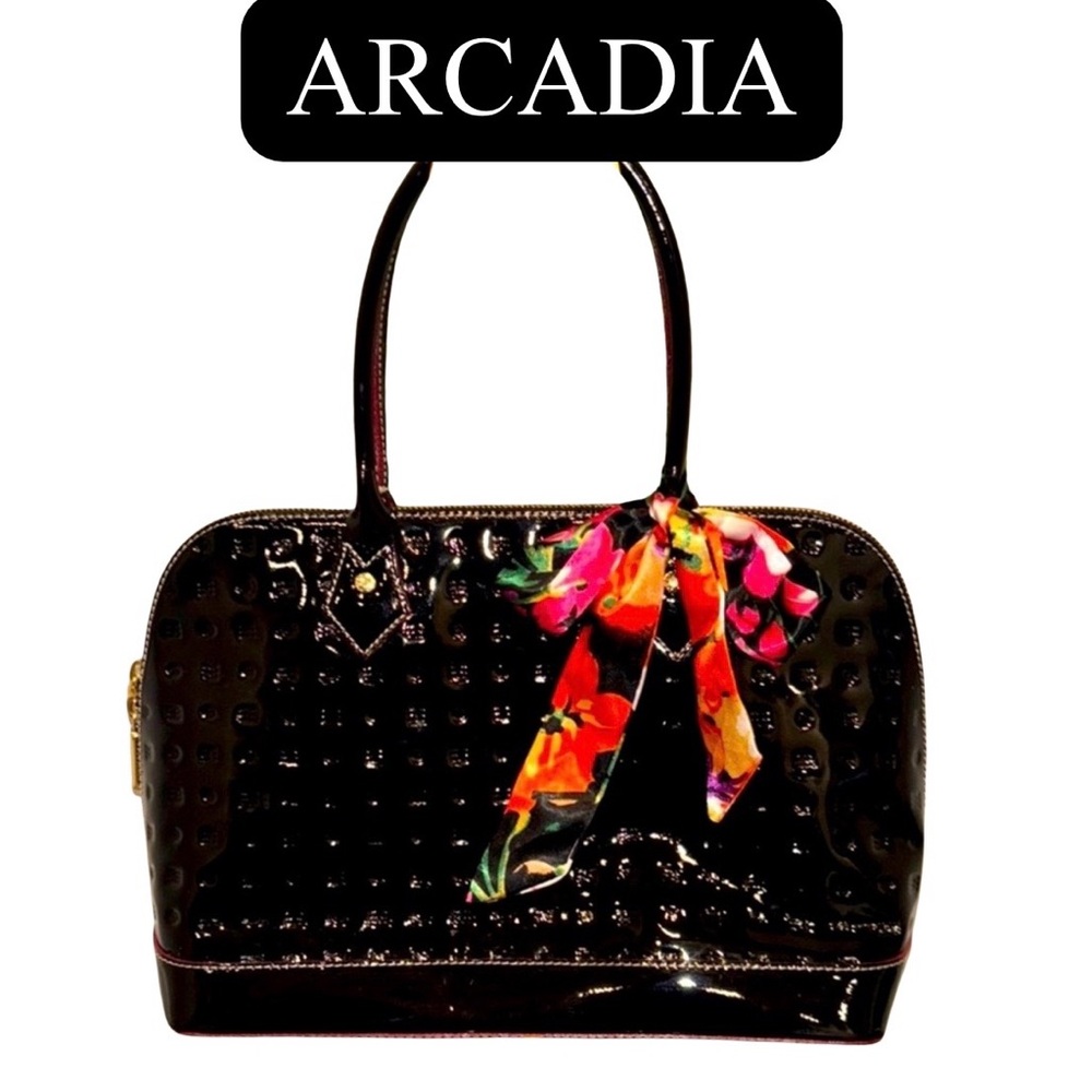 ARCADIA Black Patent Leather Purse w/Twilly, EUC